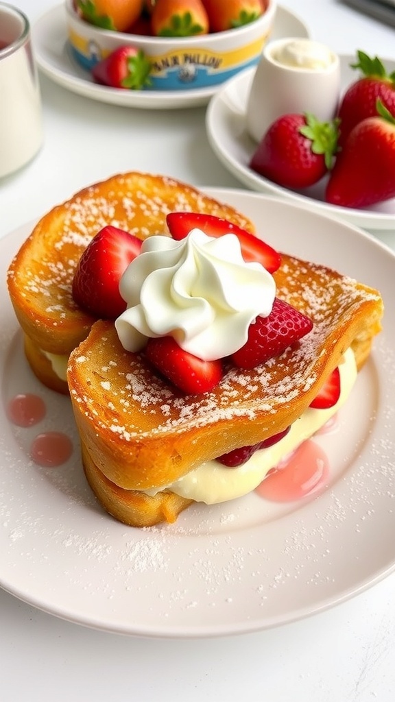 Strawberry Cheesecake Stuffed French Toast Recipe Strawberry cheesecake stuffed French toast with fresh strawberries and whipped cream on a plate.
